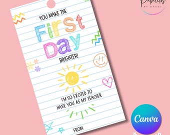 Printable Teacher Gift Tags Canva Template — First Day of School — Edit Name — 9 Tags on 8.5x11 Sheet — Instant Download