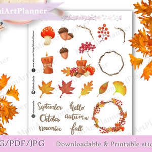 Fall Digital Stickers | autumn sticker, planner stickers, leaf, mushroom, red berry, lease, candle
