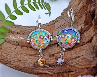 Cloisonne enamel earrings,Silver925,House earrings,House dangle earrings,Day & night earrings,Sun and moon jewelry, Sterling silver earrings