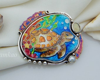 Sea turtle pendant,Georgian cloisonne enamel jewelry,Sterling silver, Moonstone, Mystic topaz,Sea creatures, Turtle jewelry