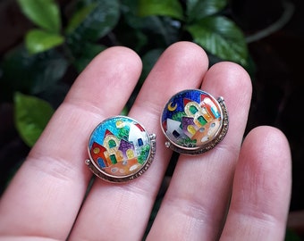 Cloisonne enamel earrings,House stud earrings,Earrings with houses,Day and night earrings,Sterling silver,Handmade earrings