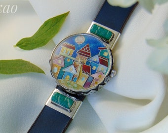 Cloisonne enamel wrist watch,Sterling silver woman's wrist watch,Handmade watch,Gift for her,Gemstone Amazonite.multicolour rainbow pattern