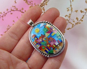 Pendant with colorful houses, Cloisonne enamel jewelry, one of a kind cloisonne enamel pendant, gift for her, Sterling silver