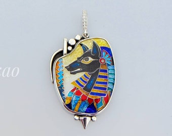 Anubis pendant,Cloisonne enamel,Vitreous enamel,Egyptian god pendant,Sterling silver