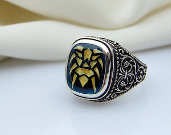 Cloisonne enamel ring for man,Hand made man ting,Sterling silver unique ring, Antique mens ring,Lion head ring,Gift for him,Silver 925 ring