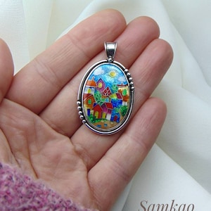 Colorful houses, Georgian Cloisonne enamel pendant, Handmade jewelry,Sterling silver 925 , Colorful jewelry,Artisan jewelry