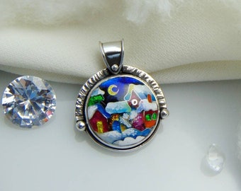 Snowy house pendant,Cloisonne enamel jewelry,Sterling silver, Christmas houses pendant, Handmade jewelry