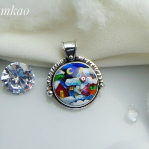 Snowy house pendant,Cloisonne enamel jewelry,Sterling silver, Christmas houses pendant, Handmade jewelry