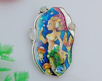 Mermaid pendant,Cloisonne enamel,Handmade jewelry,Sterling silver,Ethiopian opals,Moonstone,Ocean jewelry,Mermaid jewelry