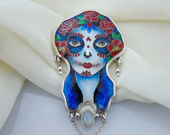 La Catrina pendant,Day of the dead,Calavera pendant,Cloisonne enamel,Sugar skull,Halloween jewelry, Sterling silver,Calavera makeup pendant