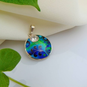 Cloisonne enamel pendant, Sterling silver,Silver999, Handmade jewelry,Gift for her, Zircon, One of a kind jewelry