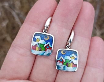 Cloisonne enamel earrings,Fine silver, Sterling silver, Snowy houses, Christmas jewelry,