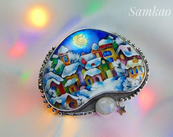 Snowy houses pendant,Christmas jewelry,Sterling silver,Georgian cloisonne enamel,Vitreous enamel,Unique Christmas gift for her,Glass enamel