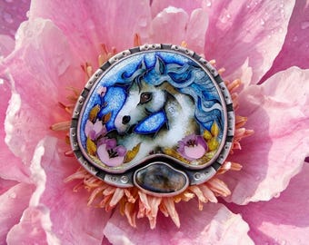 Cloisonné Enamel Horse Pendant with Labradorite – Handmade Silver Necklace – Equestrian Jewelry – Artisan Statement Pendant – One of a Kind