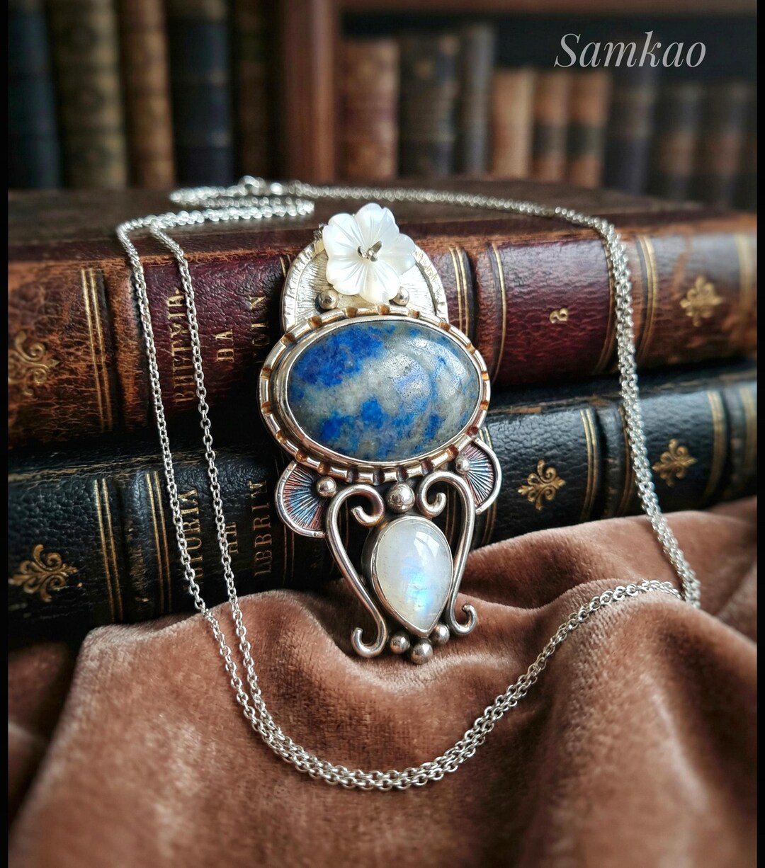 Art Nouveau Silver Pendant With Lapis Lazuli, Moonstone & Hand-carved ...