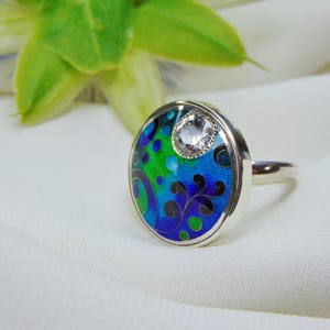 Blue and Green Cloisonné Enamel Ring with Zircon , Handmade 925 Sterling Silver Ring , Unique Artisan Jewelry ,Size 17.5