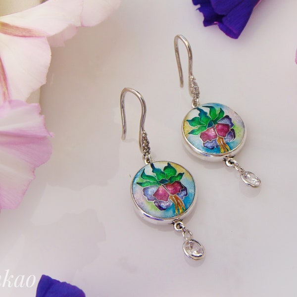 Fuchsia flower earrings,Georgian cloisonne enamel jewelry, Sterling silver earrings,Handmade,Glass earrings,Silver 925