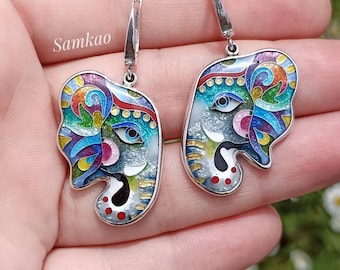 Elephant earrings,Cloisonne enamel,Sterling silver,Handmade jewelry,Silver 950,Gift for her,Elephant jewelry, Silver Animal Earrings