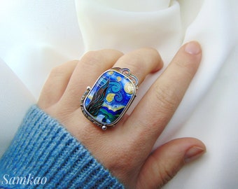 Van Gogh Starry Night ring,Cloisonne enamel ring,Starry night silver ring,Famous art jewelry,Artisan ring,Van gogh painting ring