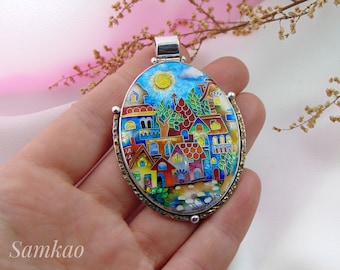 Colorful houses,Pendant,Georgian cloisonne enamel jewelry,Enamel pendant,Handmade jewelry, Sterling silver,Artisan Houses,Cityscape pendant