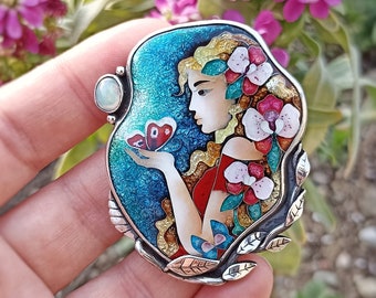 Lady with butterfly,Georgian cloisonne enamel pendant,Sterling silver,Ethiopian opal,Orchid pendant,Handmade jewelry