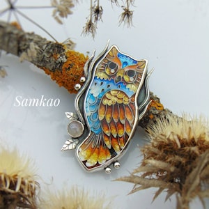 Owl pendant,Georgian cloisonne enamel,Vitreous enamel jewelry,Silver 925 & 999, Moonstone,Bird pendant,Nature Inspired