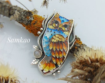 Owl pendant,Georgian cloisonne enamel,Vitreous enamel jewelry,Silver 925 & 999, Moonstone,Bird pendant,Nature Inspired