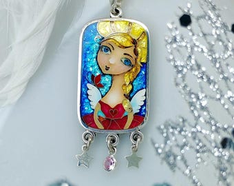 Engelhanger, Georgische geëmailleerde cloisonné-sieraden, fijnzilver 999, cadeau voor kerst, glasachtig email,