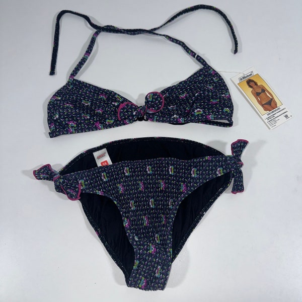 Vintage Bikini St Michael 2 Peace Bandeau Crinkle Fabric Floral Geometric Pattern halter tied knot bow pink navy size 14 / 42