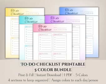 To Do Checklist Printable - Color Bundle 1 | To Do Checklist | Daily Planner | Daily Checklist | Nanny Checklist