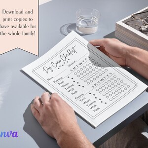 May include: A printable dog care checklist with a black and white design. The checklist includes sections for morning and evening care, with checkboxes for food, water, training, walks, and medication. The checklist is labeled "Dog Care Checklist" and includes the text "Week of: SMTWTFS".