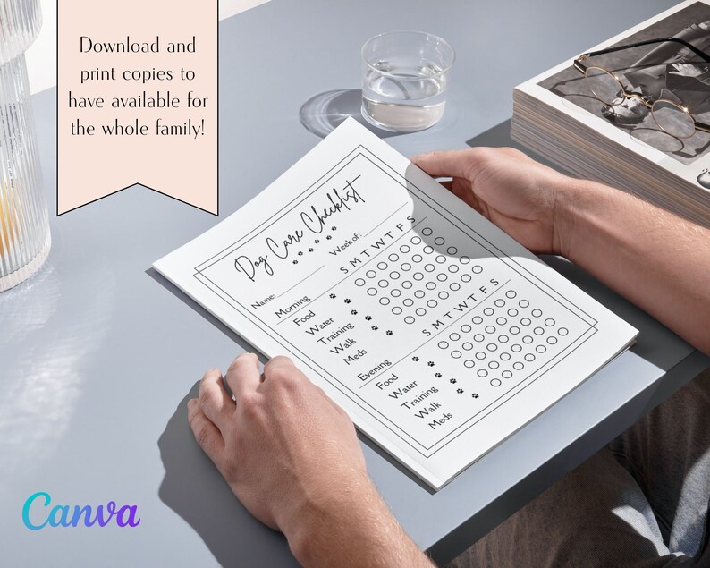 May include: A printable dog care checklist with a black and white design. The checklist includes sections for morning and evening care, with checkboxes for food, water, training, walks, and medication. The checklist is labeled "Dog Care Checklist" and includes the text "Week of: SMTWTFS".