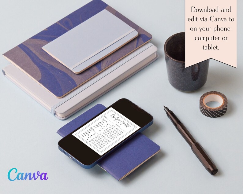 May include: A black and white printable planner page with the text "Day Planner" on a smartphone screen. The phone is on top of a blue notebook. There is a black and white roll of tape, a black fountain pen, and a stack of notebooks with blue and gray marbled covers on a light blue surface.
