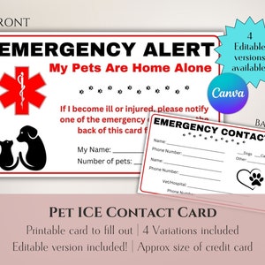 Modèle imprimable de contacts d'urgence pour animaux de compagnie | Impression et remplissage | Cartes imprimables ICE Mes animaux de compagnie sont seuls à la maison