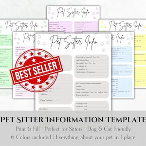 Pet Sitter Information Template Digital Download | Print & Fill | Dog and Cat Sitter Instructions