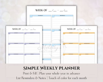 Undated Weekly Planner | Print & Fill | Digital Download | Undated Calendar | Weekly Calendar | Weekly Organizer Template