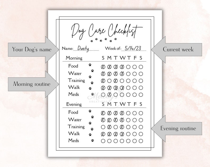 May include: Black and white printable dog care checklist with the text "Dog Care Checklist" at the top. The checklist includes sections for "Morning" and "Evening" routines with checkboxes for each day of the week for tasks such as "Food", "Water", "Training", "Walk", and "Meds".