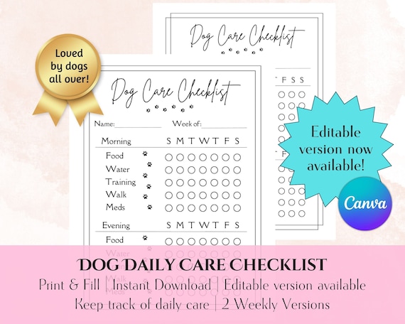 Dog Daily Care Printable Checklist | Print & Fill | Digital Download | Weekly Editable Sitter Checklist