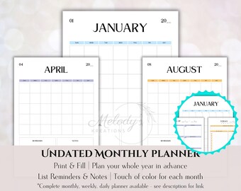 Undated Monthly Planner | Print & Fill | Digital Download | Undated Calendar | Monthly Organizer Template