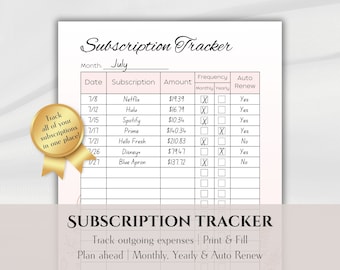 Subscription Tracker Printable | Tracker Digital Download, Subscription Planning, Monthly, Yearly