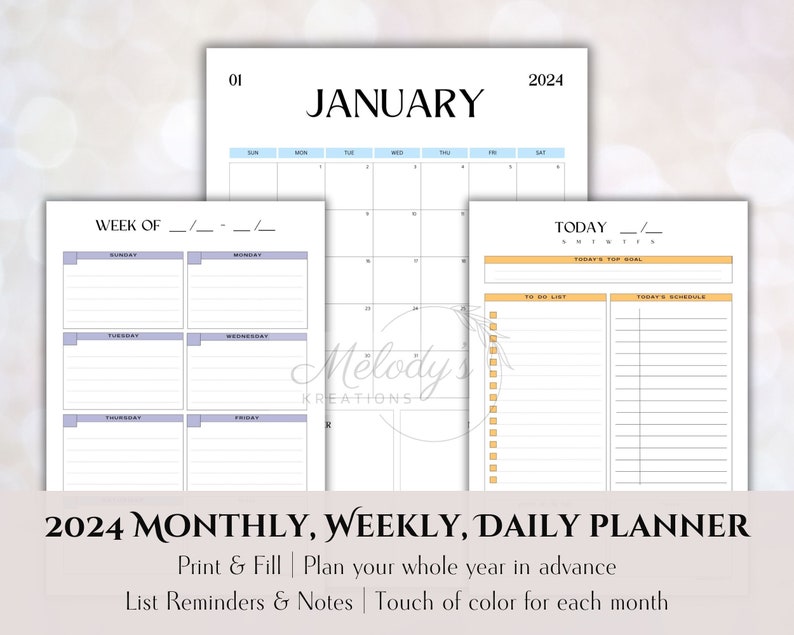 2024 Digital Planner Printable Monthly, Weekly, and Daily Layouts Stay