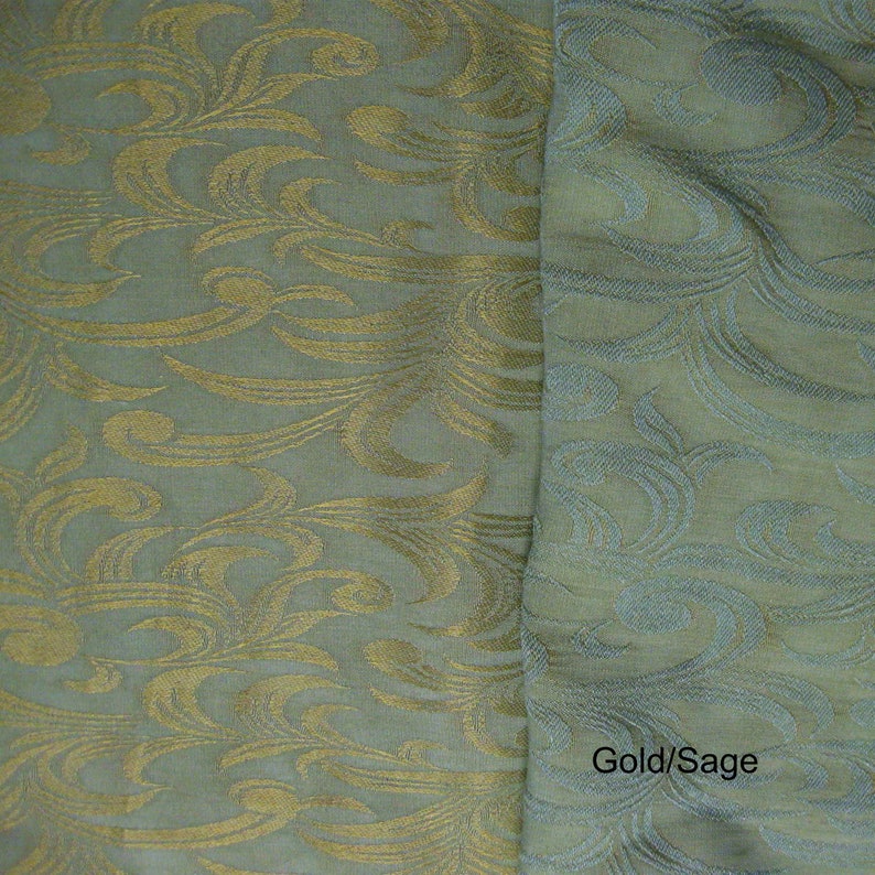 May include: Close-up of a fabric with a sage green background and a gold swirl pattern. The text "Gold/Sage" is visible in the bottom right corner of the image.