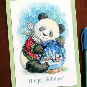 Carte de Noël câlins pour les fêtes de panda 5 x 7 po. - Carte de voeux vierge animal anthropomorphe boule à neige saison hivernale ours câlin avec enveloppe