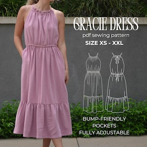 Könnte beinhalten: Ein rosafarbenes Maxikleid mit einem Halterneck und einem Stufenrock. Das Kleid hat ein schlichtes Design und ist vollständig verstellbar. Der Text "GRACIE DRESS" ist oben im Bild in Schwarz geschrieben. Der Text "pdf sewing pattern" ist in Schwarz unter dem Kleidungsnamen geschrieben. Der Text "SIZE XS - XXL" ist in Schwarz unter der Musterbeschreibung geschrieben. Der Text "BUMP-FRIENDLY" ist unten im Bild in Schwarz geschrieben. Der Text "POCKETS" ist in Schwarz unter dem ersten Text geschrieben. Der Text "FULLY ADJUSTABLE" ist in Schwarz unter dem zweiten Text geschrieben.