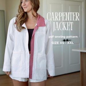 May include: White carpenter jacket with red gingham trim and pockets. The jacket has red stitching and is paired with matching shorts. The text on the image reads "CARPENTER JACKET" and "SIZE XS - XXL".