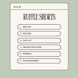Op de afbeelding: Een digitale mockup van een webpagina getiteld "RUFFLE SHORTS" met een lichtgroene achtergrond. De webpagina bevat secties voor "ABOUT ME", "SIZE GUIDE", "FLIRTY CUT", "PRINTING THE PATTERN", "MATERIALS" en "PATTERN ASSEMBLY". De handle van de maker, "@sewnbyelisabeth", staat onderaan.