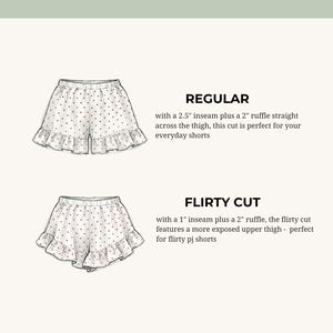 Op de afbeelding: Illustratie van twee paar witte shorts met rode stippen en ruches. De tekst luidt "FLIRTY CUT" bovenaan. Het bovenste paar is gelabeld "REGULAR" met een binnenbeenlengte van 6,35 cm. Het onderste paar is gelabeld "FLIRTY CUT" met een binnenbeenlengte van 2,54 cm.