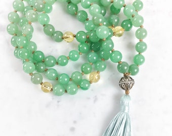 Green Adventurine and Citrine Mala Necklace | Confidence and Manifestation | hand knotted, mala, tassel necklace, 8mm beads, yoga accessory