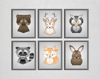 Juego de 6 impresiones de arte de pared para guardería con animales geométricos del bosque