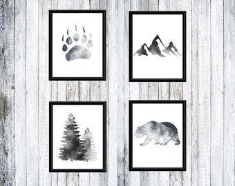 Conjunto de 4 ilustraciones digitales imprimibles en blanco y negro de siluetas de osos y naturaleza